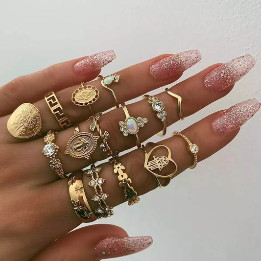 15 Set Retro Gold-color Rings